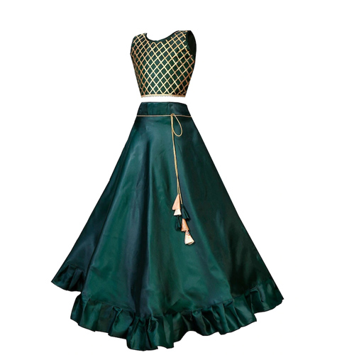 Girls Green & Gold-Toned Ready to Wear Lehenga & Blouse With Dupatta
